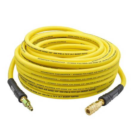 Interstate Pneumatics 3/8in 100 ft Yellow Hybrid Polymer Hose With 1/4in Brass Industrial 6-Ball Coupler & Steel Plug HH16-100H44BS